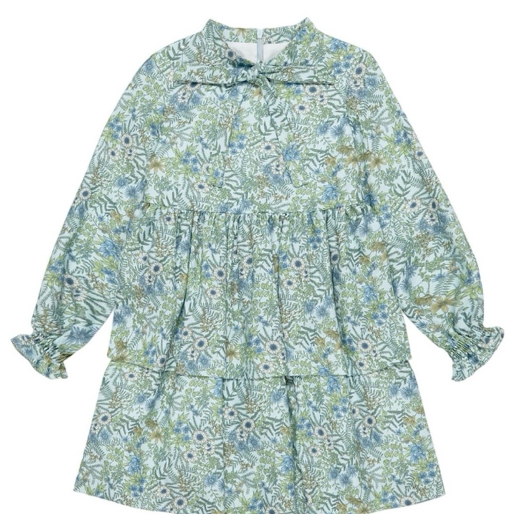 NEW La Coqueta blue Floral Alysia Ruffle-Tiered Long Sleeve Dress